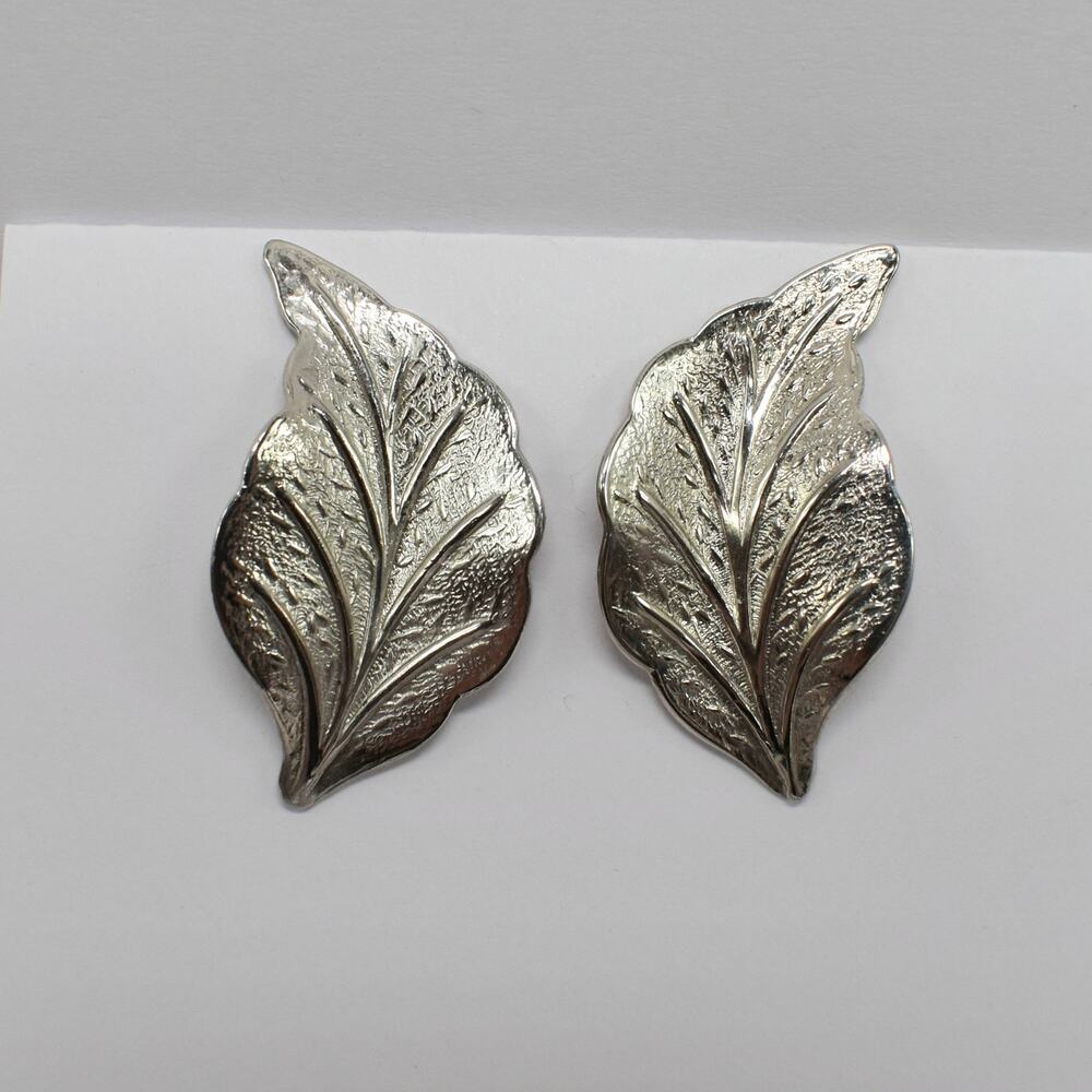 Vintage Silver Leaf Stud Statement Earrings Textured Botanical Nature Boho Chic